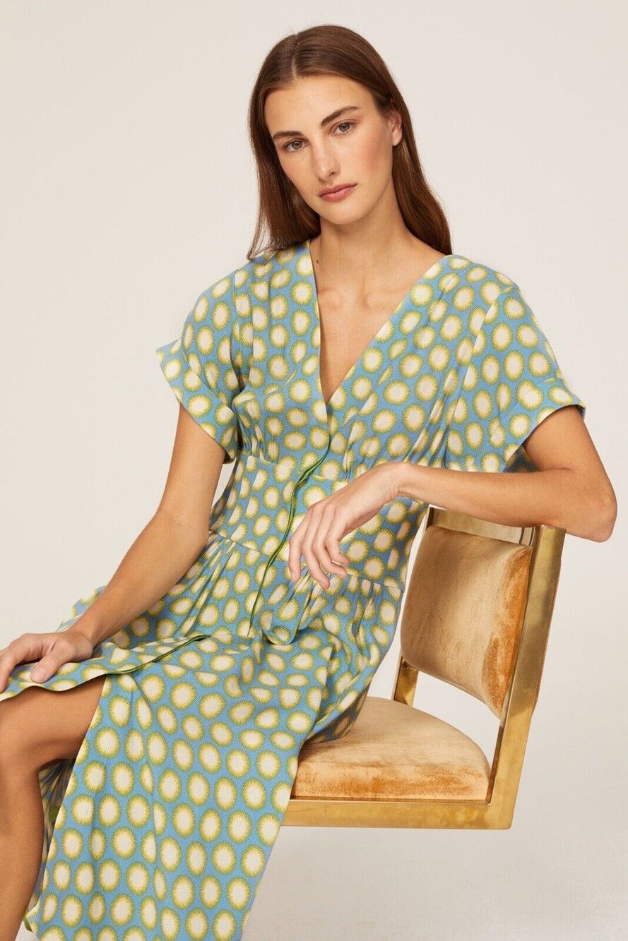 Diane Von Furstenberg DVF Marge Printed Midi V Neck Shirt Dress Blue Green 4